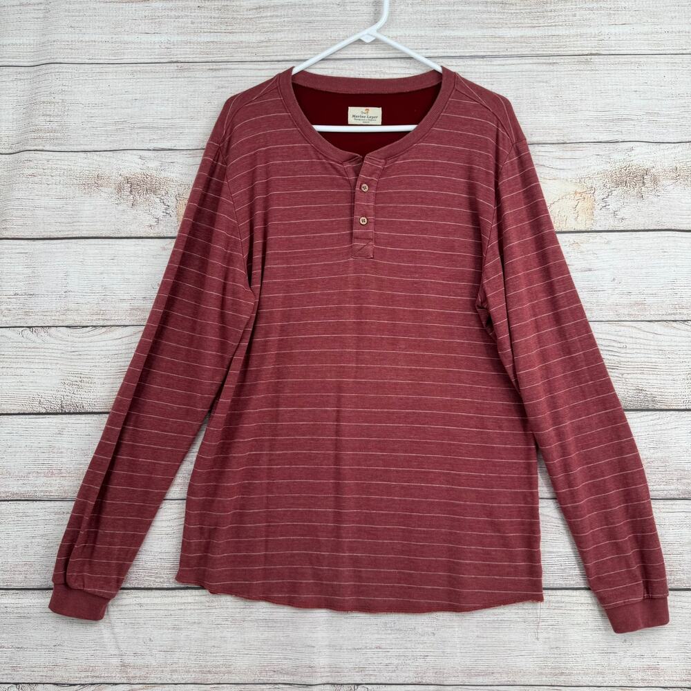 Marine Layer Striped Henley Shirt Mens Marge M/L Red White Stretch Rayon Blend